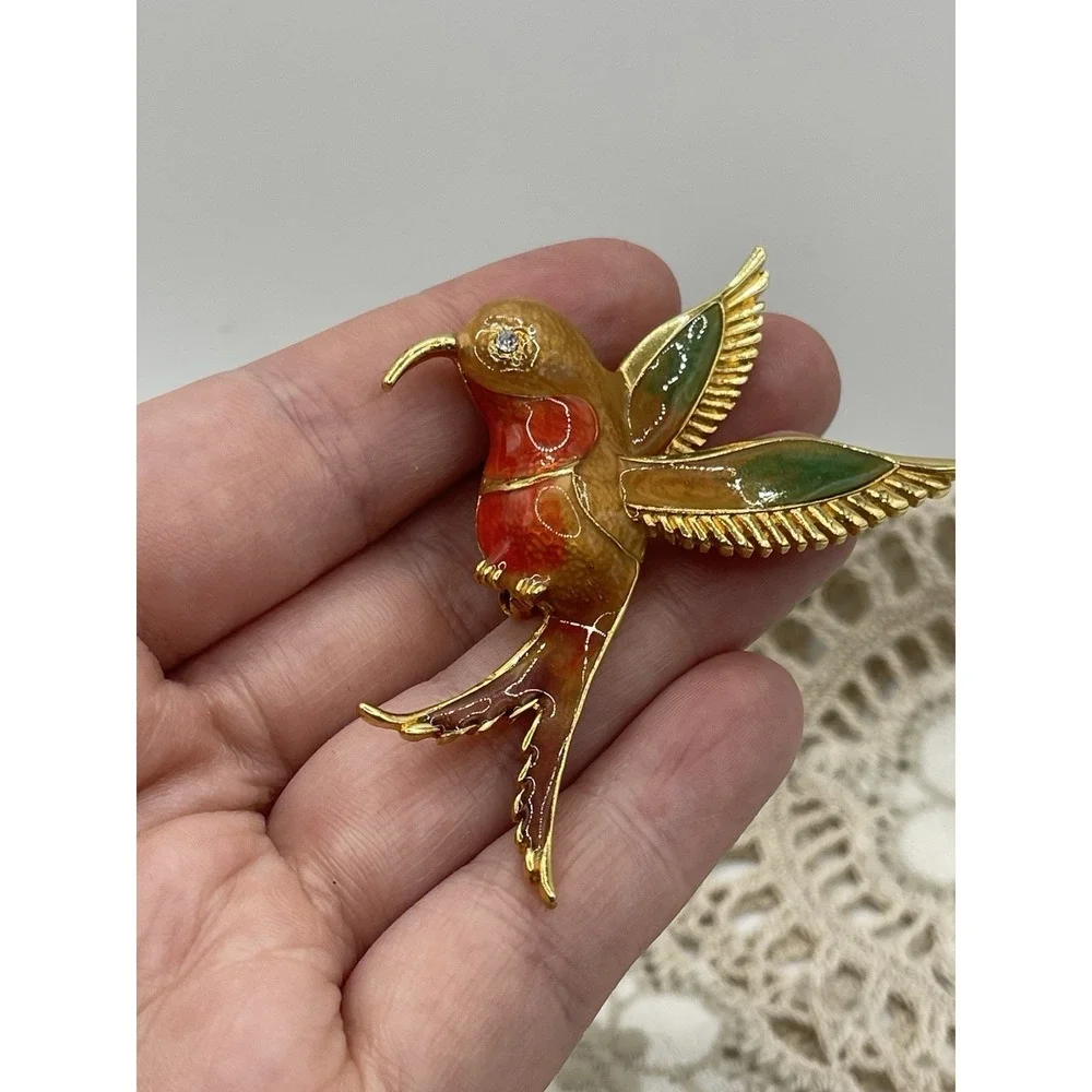 Enamel Hummingbird‎ Brooch/Rhinestone Eye